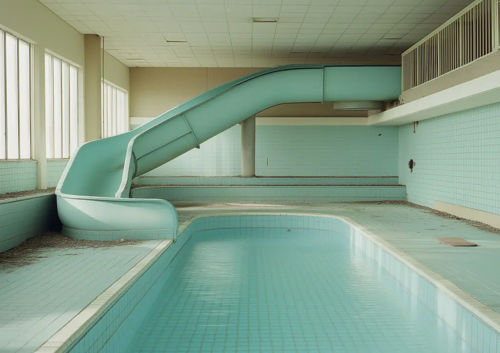 Imaginary abandoned training pool and water slide